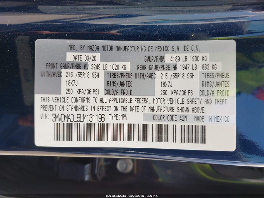 2020 Mazda Cx-30 VIN 3MVDMADL5LM131196 IAAI salvage auction — RIGHT FRONT, Original (Texas), sold $6,150 on 2026-08-01 (photo 9)