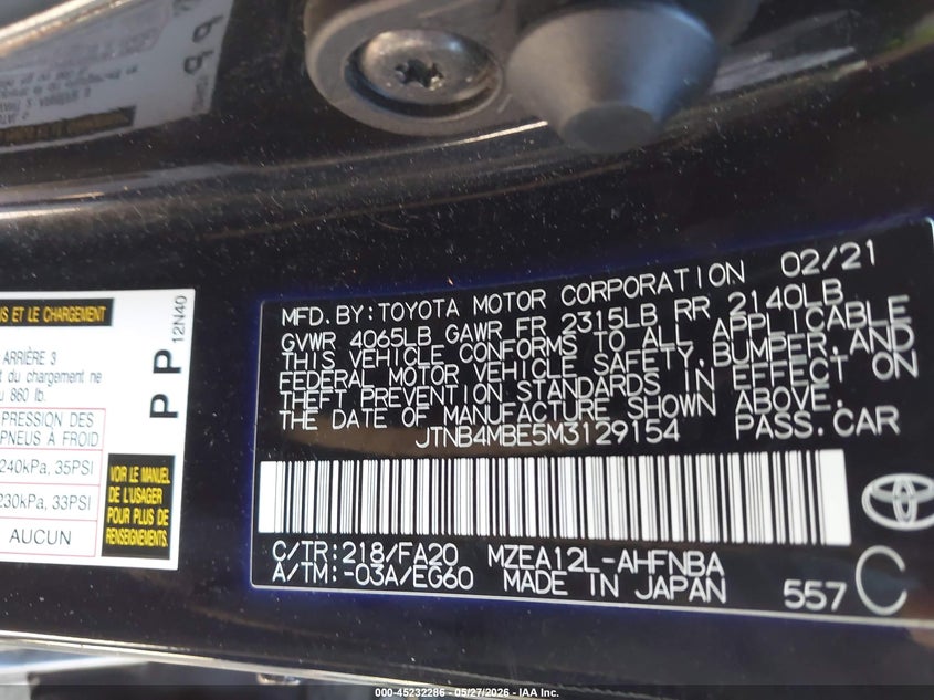 2021 Toyota Corolla VIN JTNB4MBE5M3129154 IAAI salvage auction — FRONT END, Salvage (Wisconsin), sold $3,500 on 2026-07-21 (photo 9)