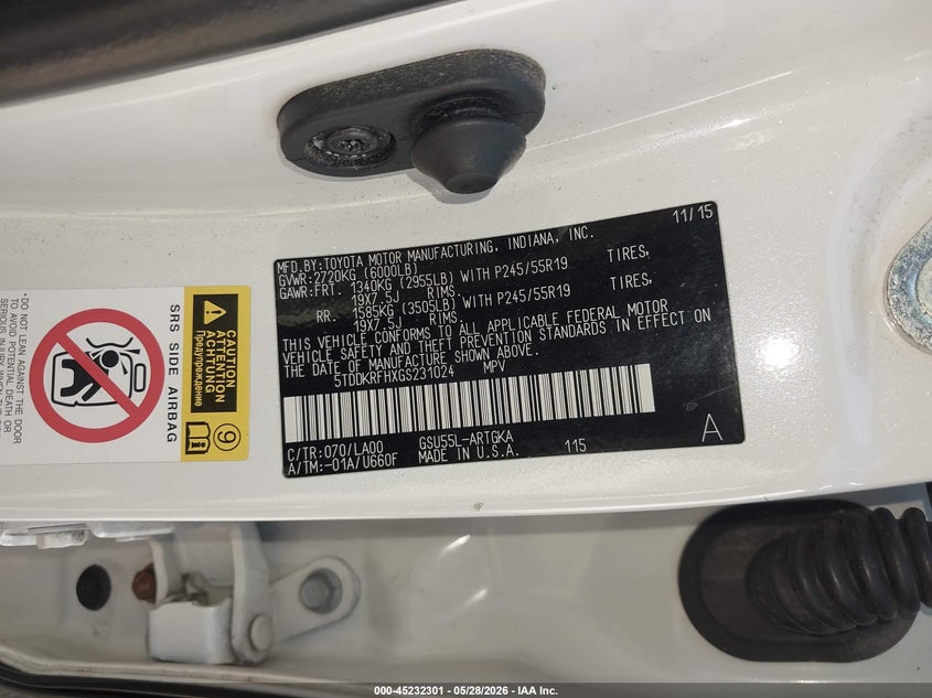 2016 Toyota Highlander VIN 5TDDKRFHXGS231024 IAAI salvage auction — FRONT END, Salvage Title, sold $6,350 on 2026-07-08 (photo 9)