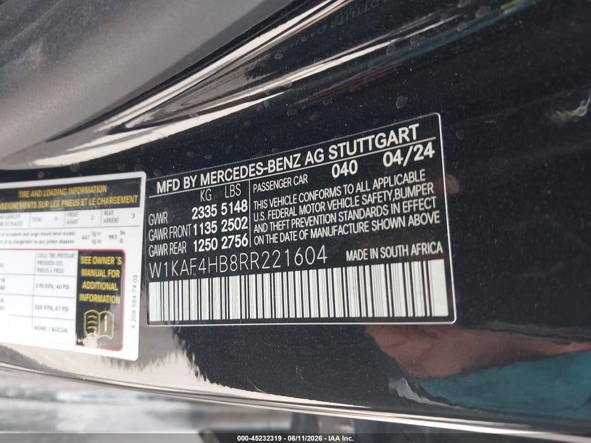 2024 Mercedes-benz C-klasse VIN W1KAF4HB8RR221604 IAAI salvage auction — ALL OVER, Salvage (Texas), sold $8,050 on 2026-07-18 (photo 9)