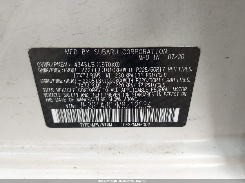 2021 Subaru Xv VIN JF2GTABC7M8212034 IAAI salvage auction — FRONT END, Salvage Title, sold $3,500 on 2026-07-15 (photo 9)