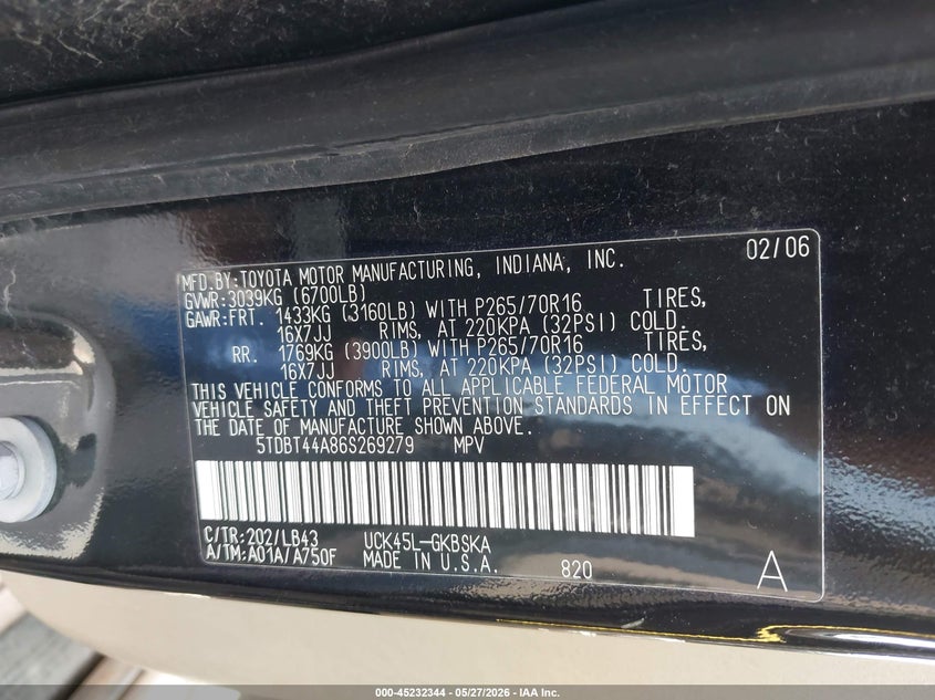 2006 Toyota Sequoia VIN 5TDBT44A86S269279 IAAI salvage auction — NORMAL WEAR, Original (Maine), sold $450 on 2026-07-20 (photo 9)