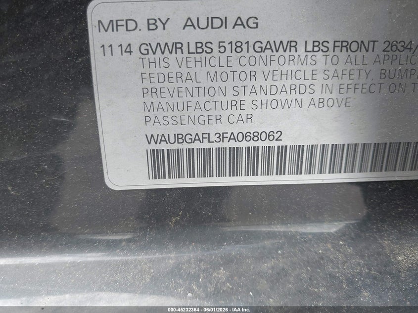 2015 Audi S4 VIN WAUBGAFL3FA068062 IAAI salvage auction — FRONT END, Salvage Title, sold $1,225 on 2026-07-23 (photo 9)
