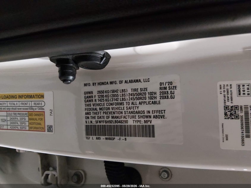 2020 Honda Pilot VIN 5FNYF6H92LB048290 IAAI salvage auction — HAIL, Salvage Title, sold $4,750 on 2026-07-28 (photo 9)
