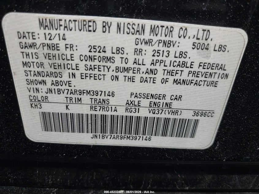 2015 Infiniti Q50 VIN JN1BV7AR9FM397146 IAAI salvage auction — FRONT END, Salvage Title, sold $1,200 on 2026-07-10 (photo 9)