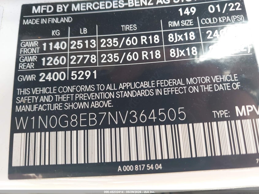 2022 Mercedes-benz Glc VIN W1N0G8EB7NV364505 IAAI salvage auction — RIGHT FRONT, Salvage (Minnesota), sold $8,750 on 2026-07-22 (photo 9)
