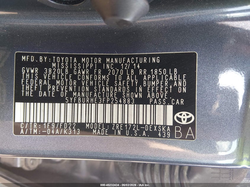 2015 Toyota Corolla VIN 5YFBURHE3FP254883 IAAI salvage auction — FRONT END, Salvage Title, sold $2,450 on 2026-07-11 (photo 9)