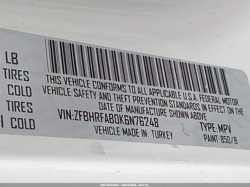 2019 Ram Promaster city VIN ZFBHRFAB0K6N76248 IAAI salvage auction — FRONT END, Original (Texas), sold $3,575 on 2026-07-07 (photo 9)
