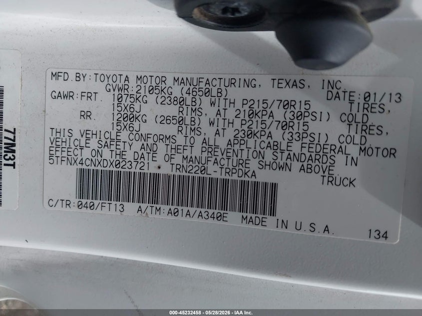 2013 Toyota Tacoma VIN 5TFNX4CNXDX023721 IAAI salvage auction — FRONT END, Salvage Title, sold $2,800 on 2026-07-24 (photo 9)