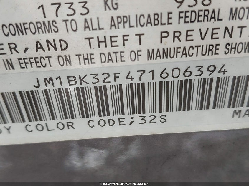 2007 Mazda 3 VIN JM1BK32F471606394 IAAI salvage auction — NORMAL WEAR, Clear (Virginia), sold $300 on 2026-07-13 (photo 9)