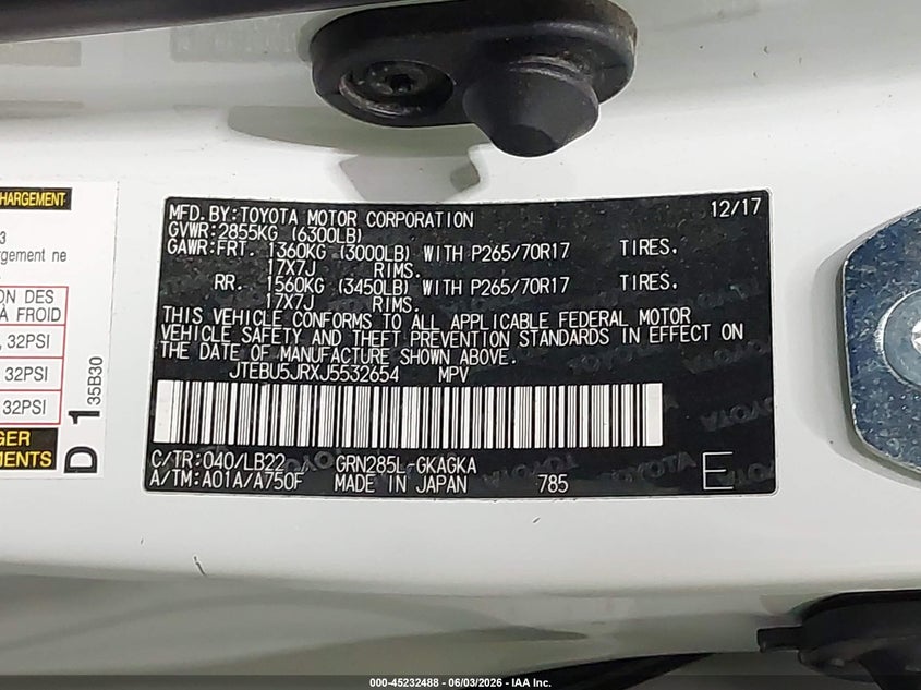 2018 Toyota 4runner VIN JTEBU5JRXJ5532654 IAAI salvage auction — LEFT SIDE, Salvage Title, sold $11,650 on 2026-07-23 (photo 9)