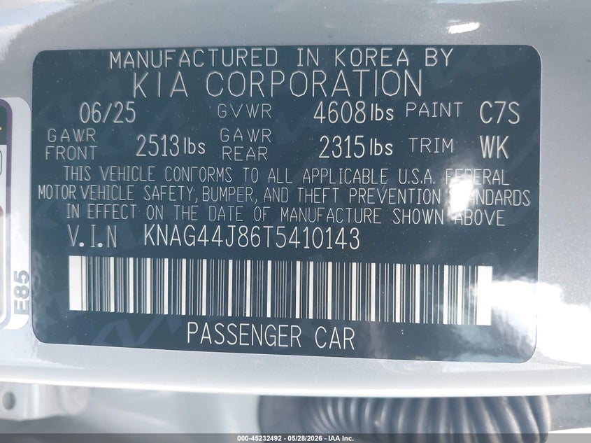 2026 Kia K5 VIN KNAG44J86T5410143 IAAI salvage auction — RIGHT REAR, Salvage Title, sold $11,250 on 2026-07-15 (photo 9)