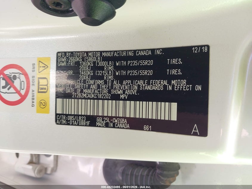 2019 Lexus Rx VIN 2T2BZMCA0KC182202 IAAI salvage auction — HAIL, Clear (Missouri), sold $15,800 on 2026-07-31 (photo 9)