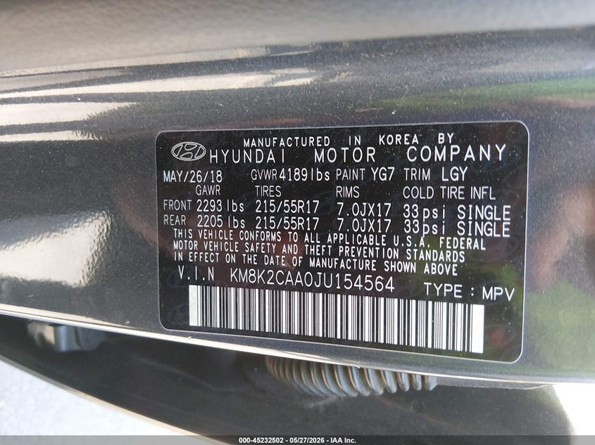 2018 Hyundai Kona VIN KM8K2CAA0JU154564 IAAI salvage auction — LEFT & RIGHT, Salvage (Massachusetts), sold $2,500 on 2026-07-16 (photo 9)
