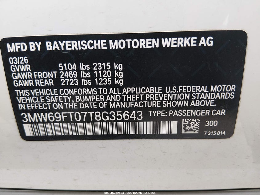 2026 BMW 3er VIN 3MW69FT07T8G35643 IAAI salvage auction — FRONT END, Salvage Title, sold $27,350 on 2026-08-20 (photo 9)