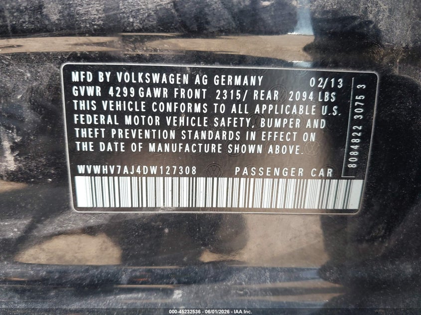 2013 Volkswagen Gti VIN WVWHV7AJ4DW127308 IAAI salvage auction — NORMAL WEAR, Salvage Title, sold $1,225 on 2026-08-10 (photo 9)