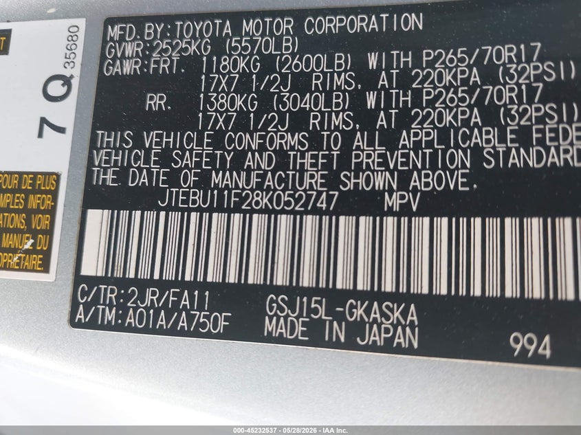 2008 Toyota Fj cruiser VIN JTEBU11F28K052747 IAAI salvage auction — NORMAL WEAR, Original (Ohio), sold $4,100 on 2026-07-13 (photo 9)