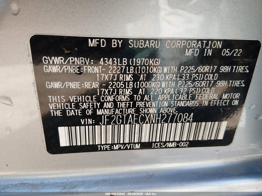 2022 Subaru Xv VIN JF2GTAECXNH277084 IAAI salvage auction — RIGHT SIDE, Salvage (West Virginia), sold $6,000 on 2026-07-23 (photo 9)