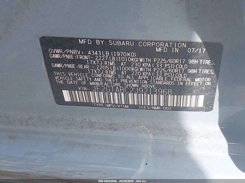 2018 Subaru Xv VIN JF2GTABC2J9213968 IAAI salvage auction — LEFT SIDE, Salvage (Colorado), sold $5,550 on 2026-07-07 (photo 9)