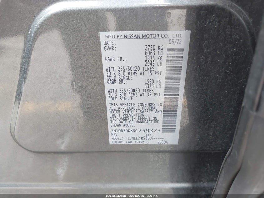 2022 Nissan Pathfinder VIN 5N1DR3DK8NC259373 IAAI salvage auction — FRONT END, Salvage Title, sold $9,700 on 2026-07-09 (photo 9)