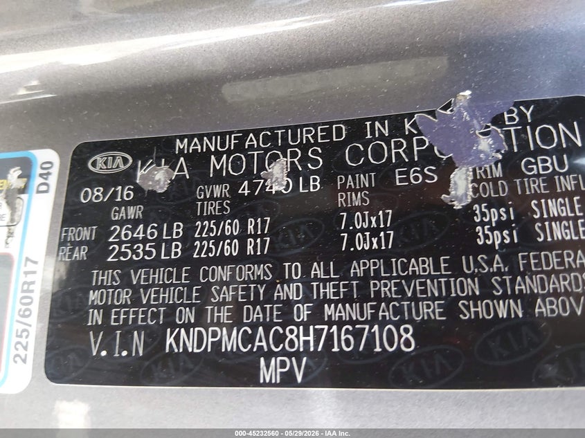2017 Kia Sportage VIN KNDPMCAC8H7167108 IAAI salvage auction — THEFT, Salvage Title, sold $2,400 on 2026-07-07 (photo 9)