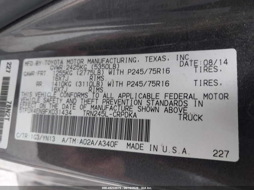 2015 Toyota Tacoma VIN 5TFUX4EN9FX031434 IAAI salvage auction — FRONT END, Salvage Title, sold $6,500 on 2026-08-01 (photo 9)