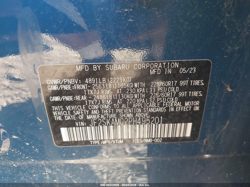 2023 Subaru Forester VIN JF2SKAMC2PH495201 IAAI salvage auction — LEFT FRONT, Salvage Title, sold $7,600 on 2026-07-29 (photo 9)