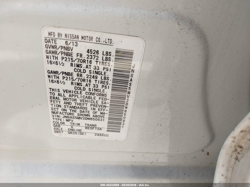 2013 Nissan Rogue VIN JN8AS5MV2DW650831 IAAI salvage auction — NORMAL WEAR, Clear (North Carolina), sold $475 on 2026-07-16 (photo 9)