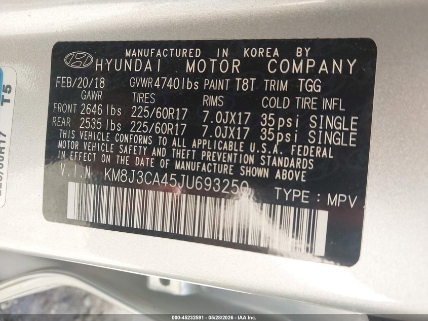2018 Hyundai Tucson VIN KM8J3CA45JU693250 IAAI salvage auction — REAR END, Salvage (Illinois), sold $3,150 on 2026-07-15 (photo 9)