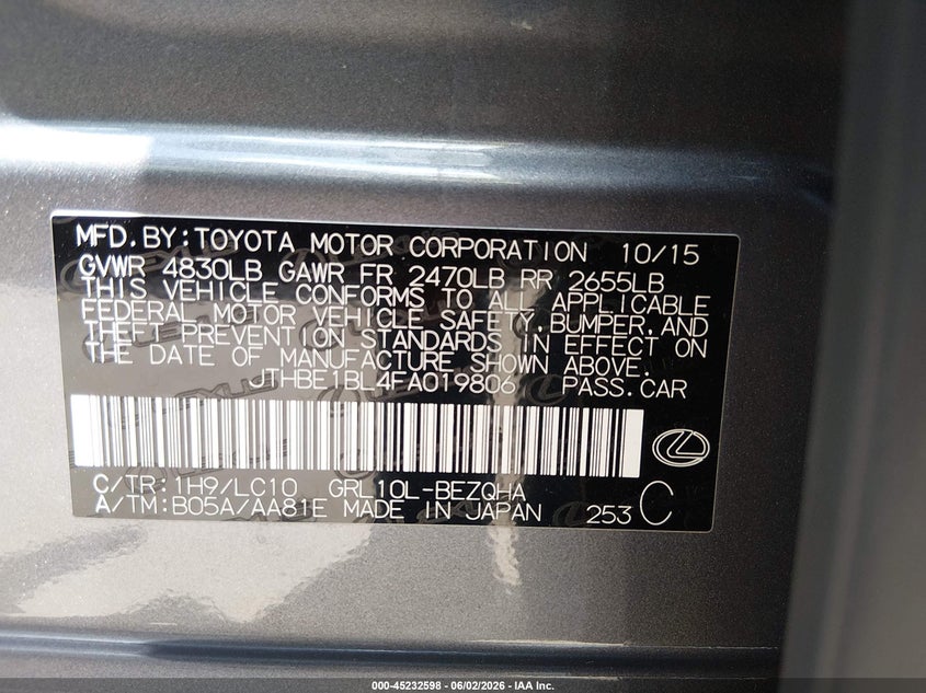 2015 Lexus Gs VIN JTHBE1BL4FA019806 IAAI salvage auction — FRONT END, Original (Texas), sold $7,150 on 2026-07-28 (photo 9)