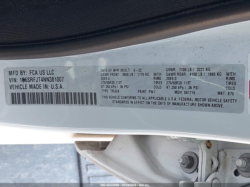 2022 Ram 1500 VIN 1C6SRFJT4NN381007 IAAI salvage auction — FRONT & REAR, Salvage Title, sold $13,600 on 2026-07-20 (photo 9)