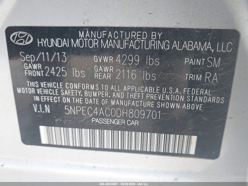 2013 Hyundai Sonata VIN 5NPEC4AC0DH809701 IAAI salvage auction — FRONT END, Salvage Title, sold $50 on 2026-07-23 (photo 9)