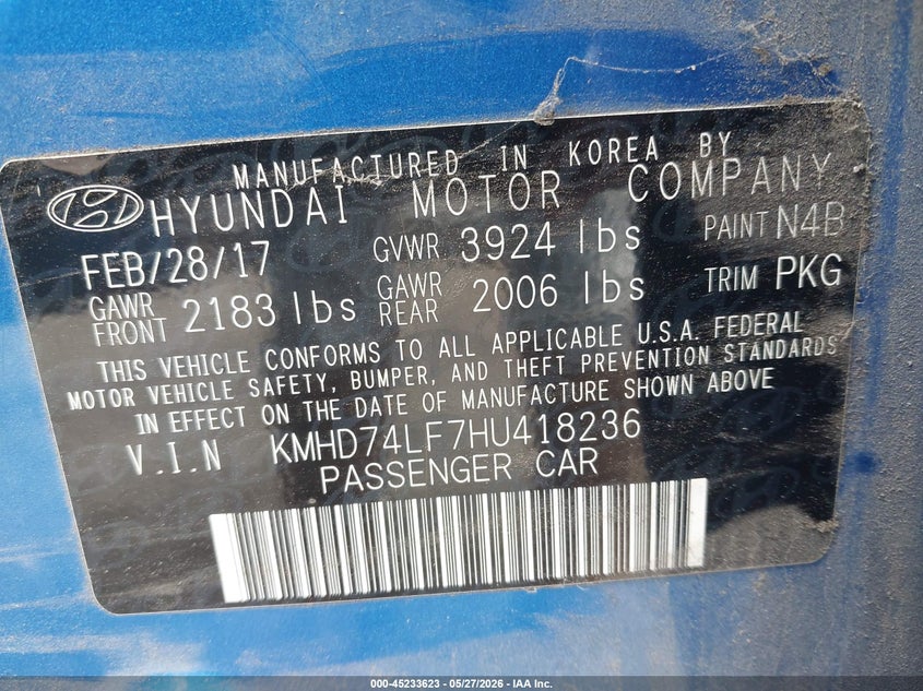 2017 Hyundai Elantra VIN KMHD74LF7HU418236 IAAI salvage auction — FRONT & REAR, Salvage (Hawaii), sold $375 on 2026-07-28 (photo 9)