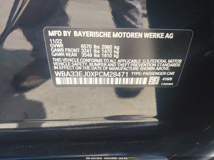2023 BMW 7er VIN WBA33EJ0XPCM28471 IAAI salvage auction — WATER/FLOOD, Salvage Title, sold $20,100 on 2026-07-30 (photo 9)