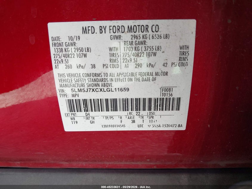 2020 Lincoln Aviator VIN 5LM5J7XCXLGL11659 IAAI salvage auction — FRONT END, Rebuildable (Florida), sold $8,975 on 2026-07-28 (photo 9)