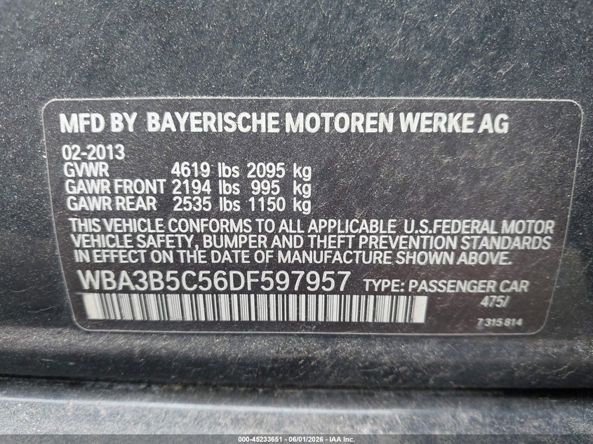 2013 BMW 3er VIN WBA3B5C56DF597957 IAAI salvage auction — NORMAL WEAR, Clear (Idaho), sold $500 on 2026-07-14 (photo 9)