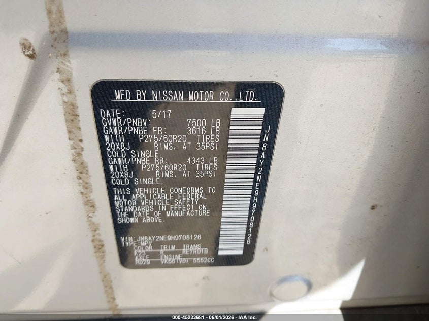 2017 Nissan Armada VIN JN8AY2NE9H9708126 IAAI salvage auction — FRONT END, Salvage Title, sold $5,950 on 2026-07-15 (photo 9)