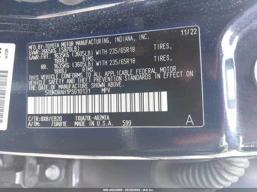 2023 Toyota Highlander VIN 5TDKDRAH1PS010131 IAAI salvage auction — FRONT END, Salvage Title, sold $12,600 on 2026-07-31 (photo 9)