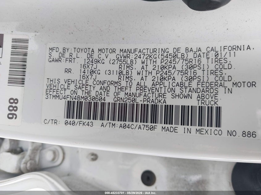 2011 Toyota Tacoma VIN 3TMMU4FN4BM030604 IAAI salvage auction — REAR END, Salvage (California), sold $5,700 on 2026-07-09 (photo 9)
