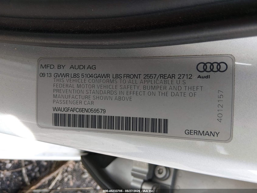 2014 Audi A6 VIN WAUGFAFC6EN059579 IAAI salvage auction — FRONT END, Salvage Title, sold $2,000 on 2026-07-14 (photo 9)