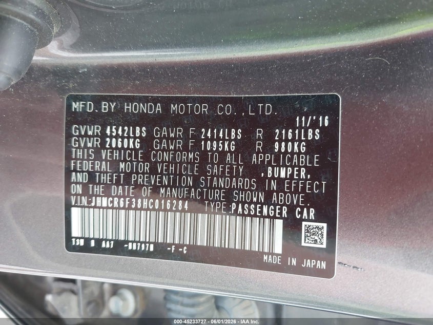 2017 Honda Accord VIN JHMCR6F38HC016284 IAAI salvage auction — ELECTRICAL, Salvage (Alabama), sold $1,500 on 2026-07-29 (photo 9)