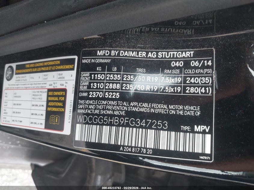2015 Mercedes-benz Glk-klasse VIN WDCGG5HB9FG347253 IAAI salvage auction — FRONT & REAR, Salvage (California), sold $1,275 on 2026-07-28 (photo 9)