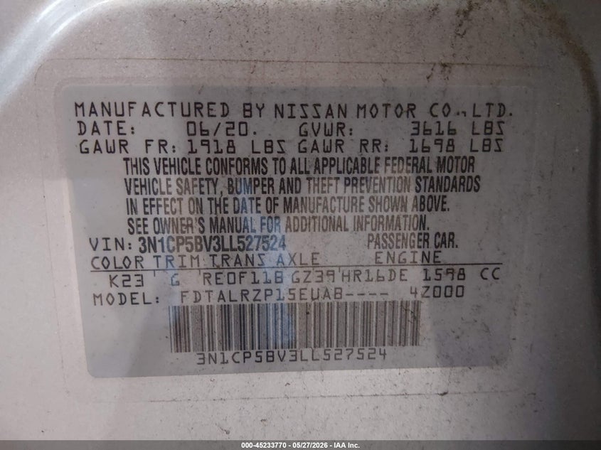 2020 Nissan Kicks VIN 3N1CP5BV3LL527524 IAAI salvage auction — NORMAL WEAR, Sf97 (Alabama), sold $11,150 on 2026-07-16 (photo 9)