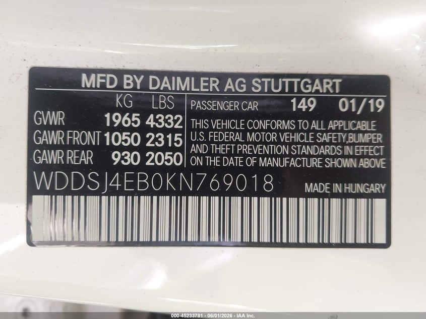 2019 Mercedes-benz Cla-klasse VIN WDDSJ4EB0KN769018 IAAI salvage auction — MECHANICAL, Salvage Title, sold $4,000 on 2026-07-23 (photo 9)