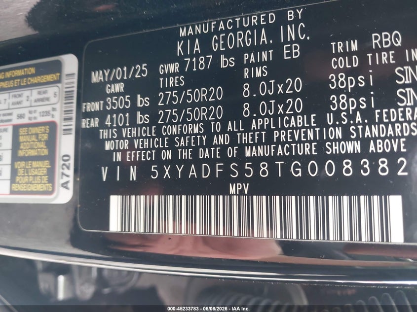 2026 Kia Ev9 VIN 5XYADFS58TG008382 IAAI salvage auction — FRONT END, Salvage Title, sold $8,950 on 2026-08-17 (photo 9)