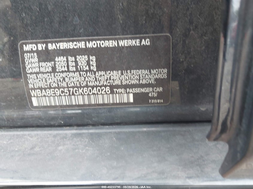2016 BMW 3er VIN WBA8E9C57GK604026 IAAI salvage auction — FRONT END, Salvage Title, sold $875 on 2026-07-15 (photo 9)