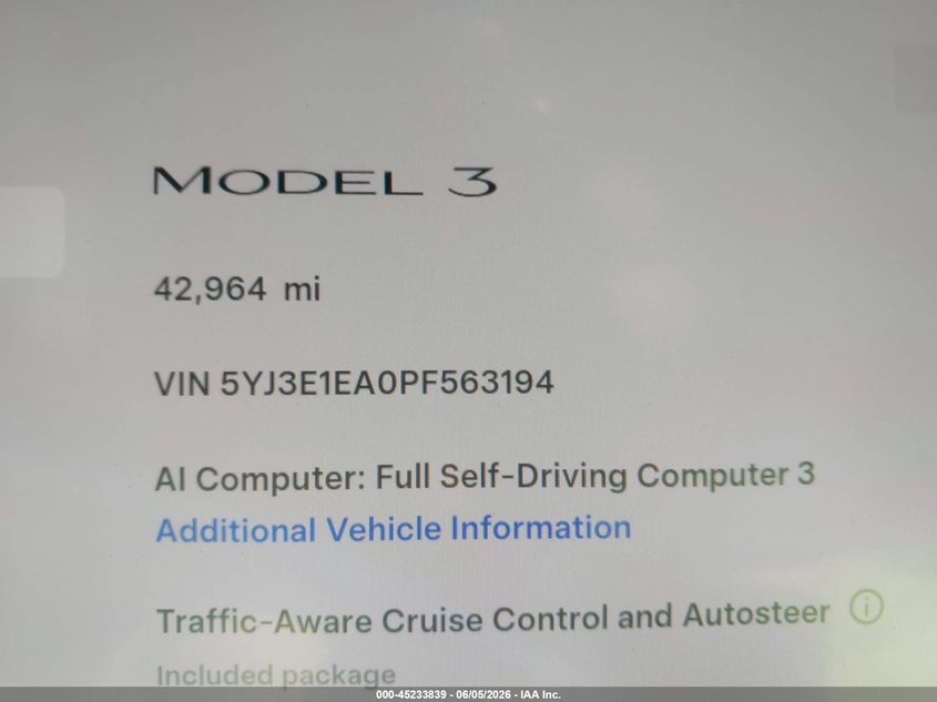 2023 Tesla Model 3 VIN 5YJ3E1EA0PF563194 IAAI salvage auction — FRONT END, Salvage Title, sold $8,100 on 2026-07-11 (photo 7)