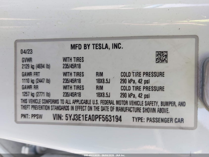 2023 Tesla Model 3 VIN 5YJ3E1EA0PF563194 IAAI salvage auction — FRONT END, Salvage Title, sold $8,100 on 2026-07-11 (photo 9)