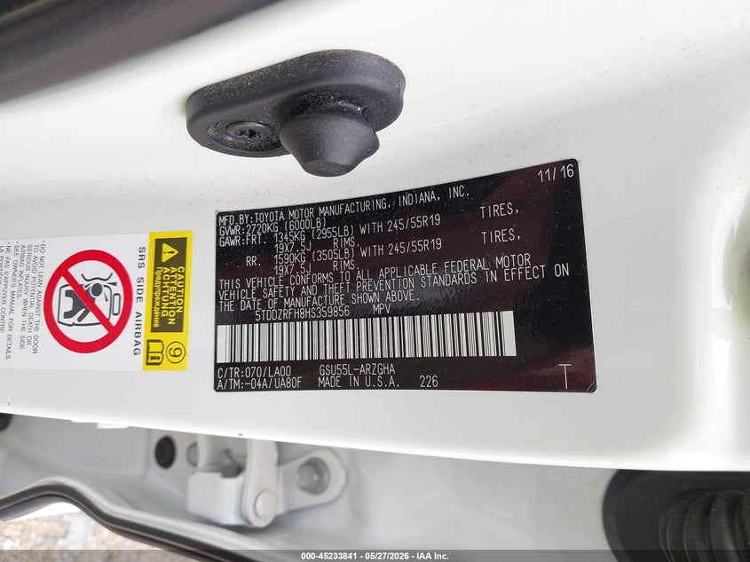 2017 Toyota Highlander VIN 5TDDZRFH8HS359856 IAAI salvage auction — SIDE, Original (Texas), sold $10,600 on 2026-07-26 (photo 9)