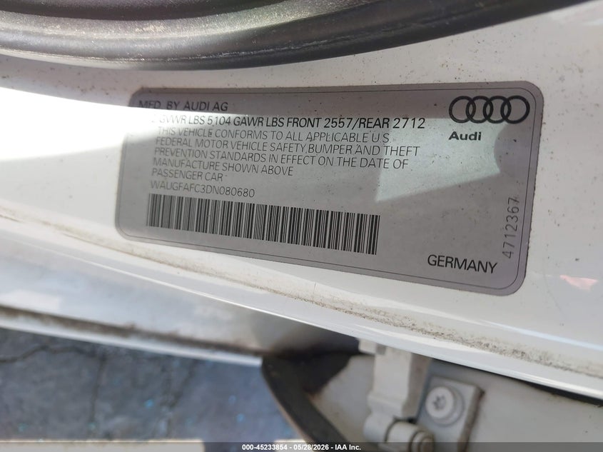 2013 Audi A6 VIN WAUGFAFC3DN080680 IAAI salvage auction — FRONT & REAR, Salvage (Illinois), sold $650 on 2026-07-14 (photo 9)